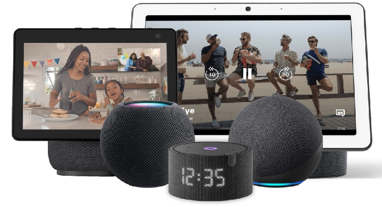 a group of devices with a digital clock and a speaker